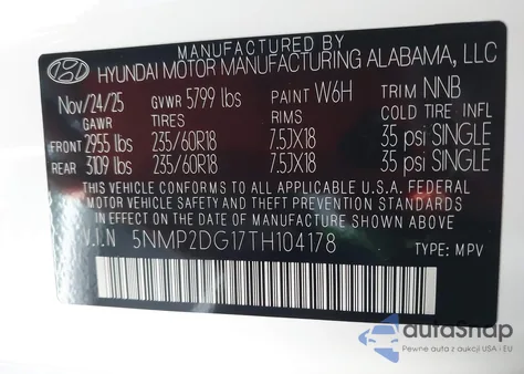 2026 Hyundai Santa Fe Hybrid Sel z USA, uszkodzony, nr VIN 5NMP2DG17TH104178